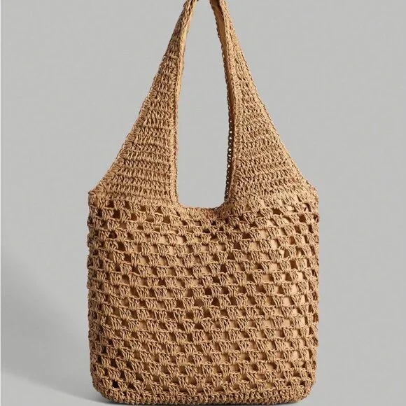 Hollow Straw Wovan Shoulder Bag Large Brown - Picture 1 of 5